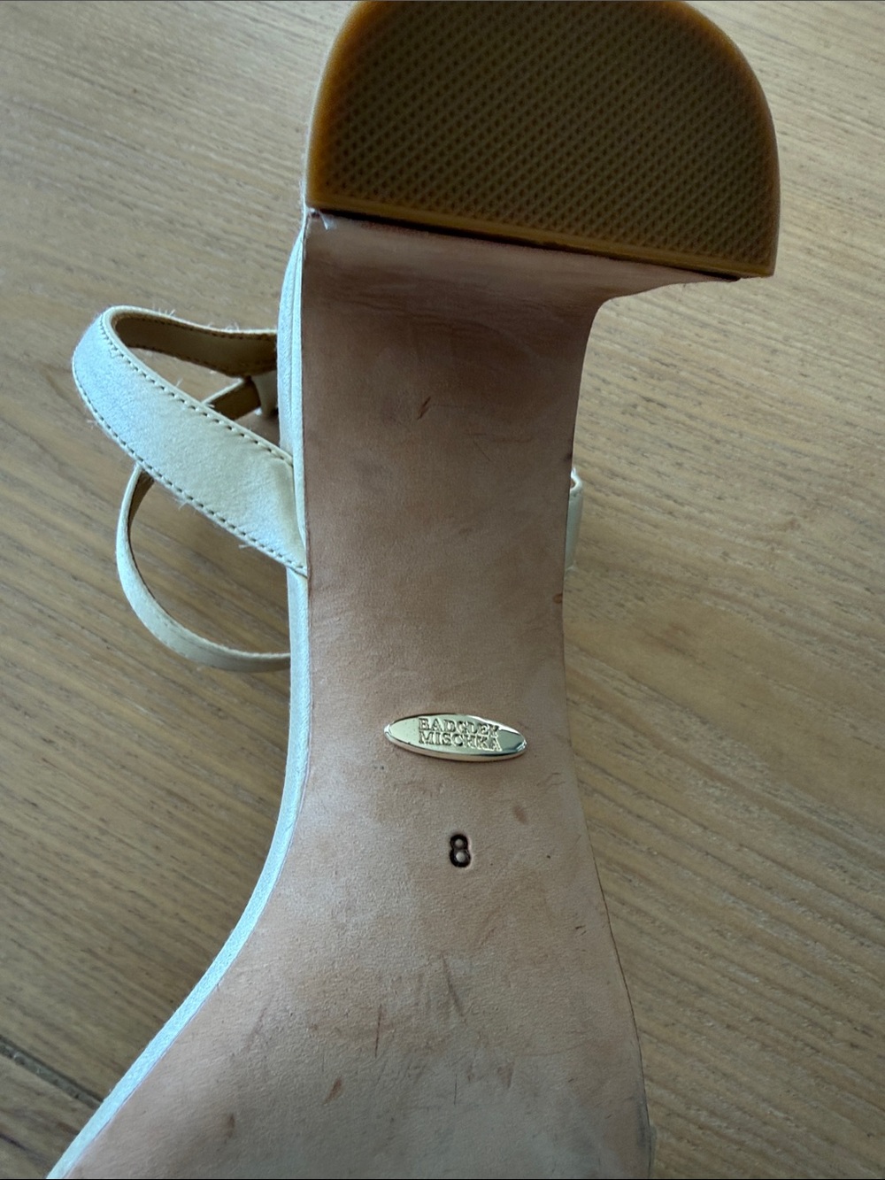 Badgley Mischka Champagne Satin Crystal-Embellished Ankle-Strap Heels - Picture 5 of 6